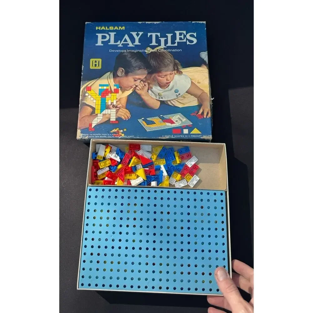 Vintage Halsam Play Tiles Plastic Peg Board Colored Pieces Picture Guide Box